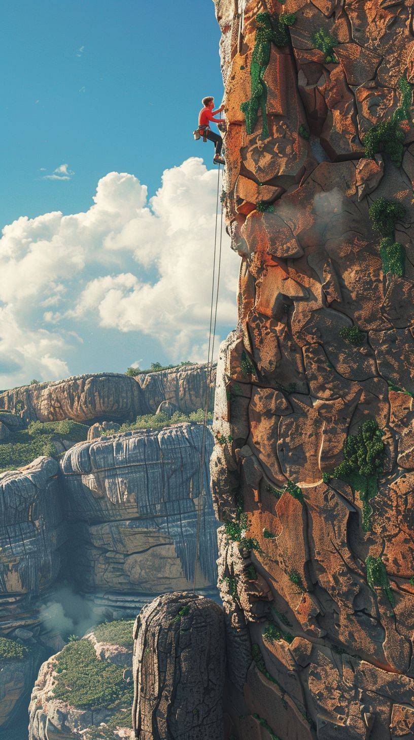 a Pixar-style character climbing a huge rock wall, Pixar style