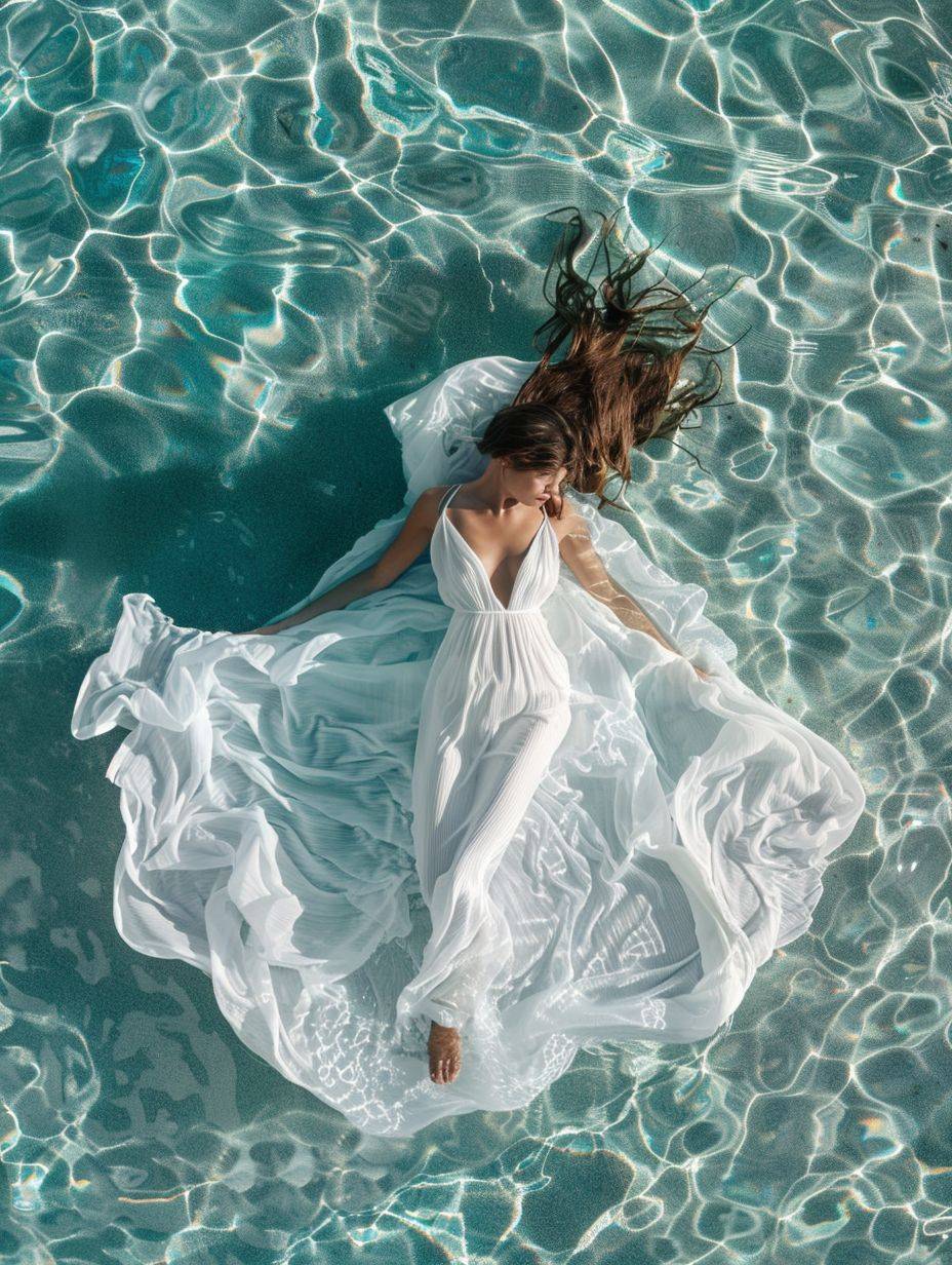 トップビュー、青い海、中央に置かれたかわいい女の子、透明な水面に敷かれた薄い布の上に浮かび上がる、ボリュームライティング、影、被写界深度。