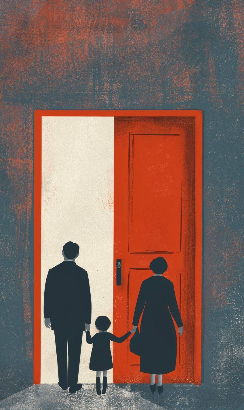 Parents divorced, father and mother walked out from two doors respectively, leaving the child alone, simplicity, simple colors, sense of space depth, graphic design
