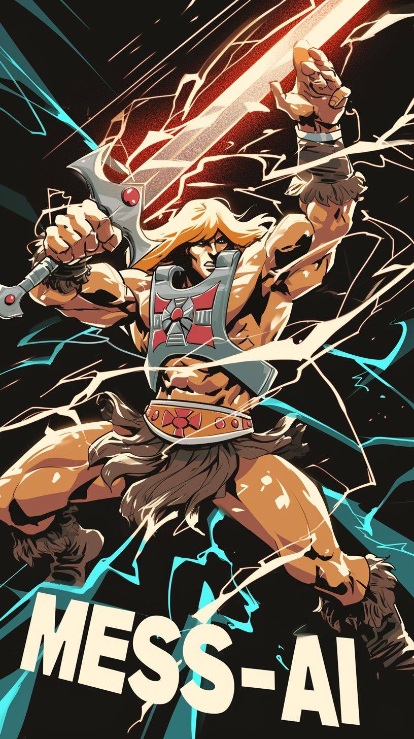 ヘ・マンが剣を振るポスターで、大文字の「HE-MAN」のテキストが、アクション満載の漫画風で、エネルギッシュで大胆な、大胆なアウトライン、雷のような波、奇抜なエネルギー、濃い琥珀色と空色、1980年から現在まで