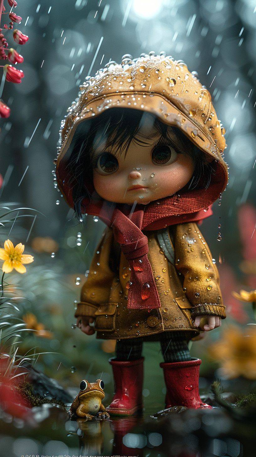 Whimsical adorable character design 3D Octane render, wide shot, chibi extremely cute little flower fairy hides behind flower in the rain, scared of toad, beautiful scenery, wisteria flowers, spring time, red rain boots, big eyes, award winning, hypermaximalist, Octane render, cinematic lighting, detailed