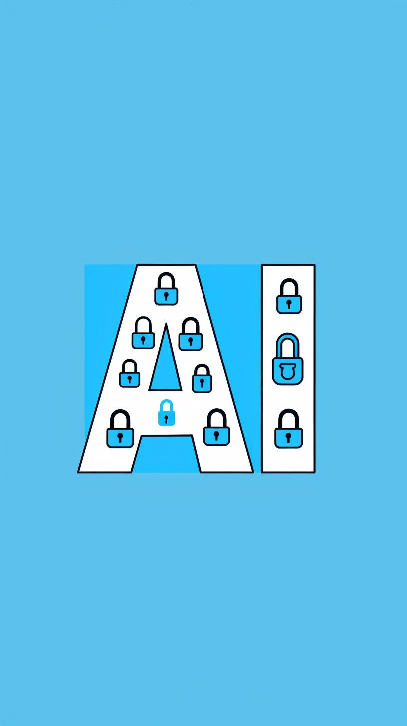 Minimalist cartoon illustration where each letter of the word 'AI' is represented only by an outline. Inside these outlined letters, populate with tiny [lock] silhouettes spaced each other, ensuring each [lock] is confined within the outlines of the letters and does not spill outside. The lock silhouettes should be simple in design, distinct from one another, and fill up the space within each letter's outline effectively. Use [blue] color scheme.