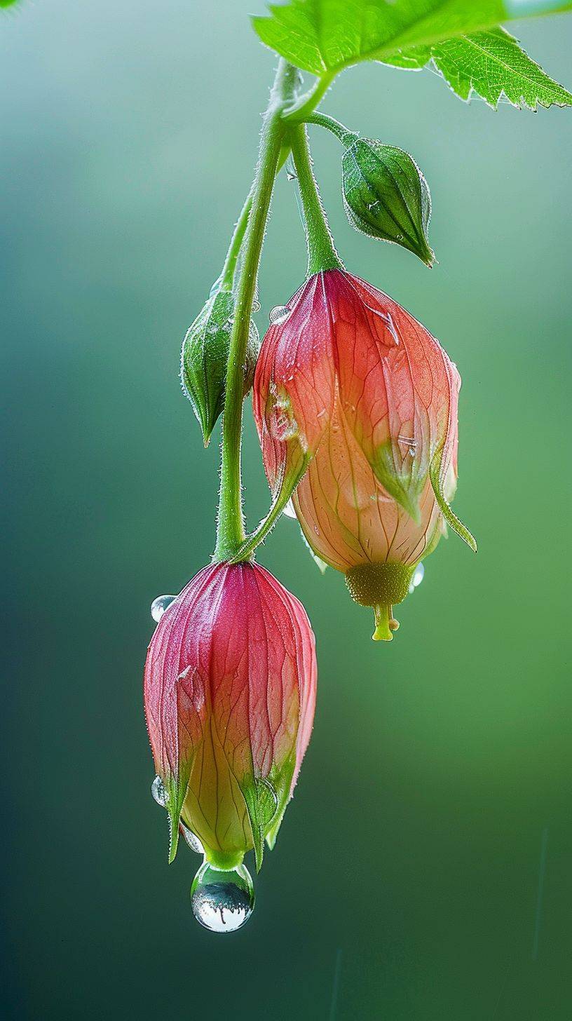 宮殿のランタンの花がぶら下がっています。花の枝には二つのつぼみがあります。3枚の柔らかい緑の葉があります。露はクリスタルクリアです。Ultra HDのビジュアル、リアリズム、そして柔らかい緑のバックグラウンドのぼかし --ar 9:16