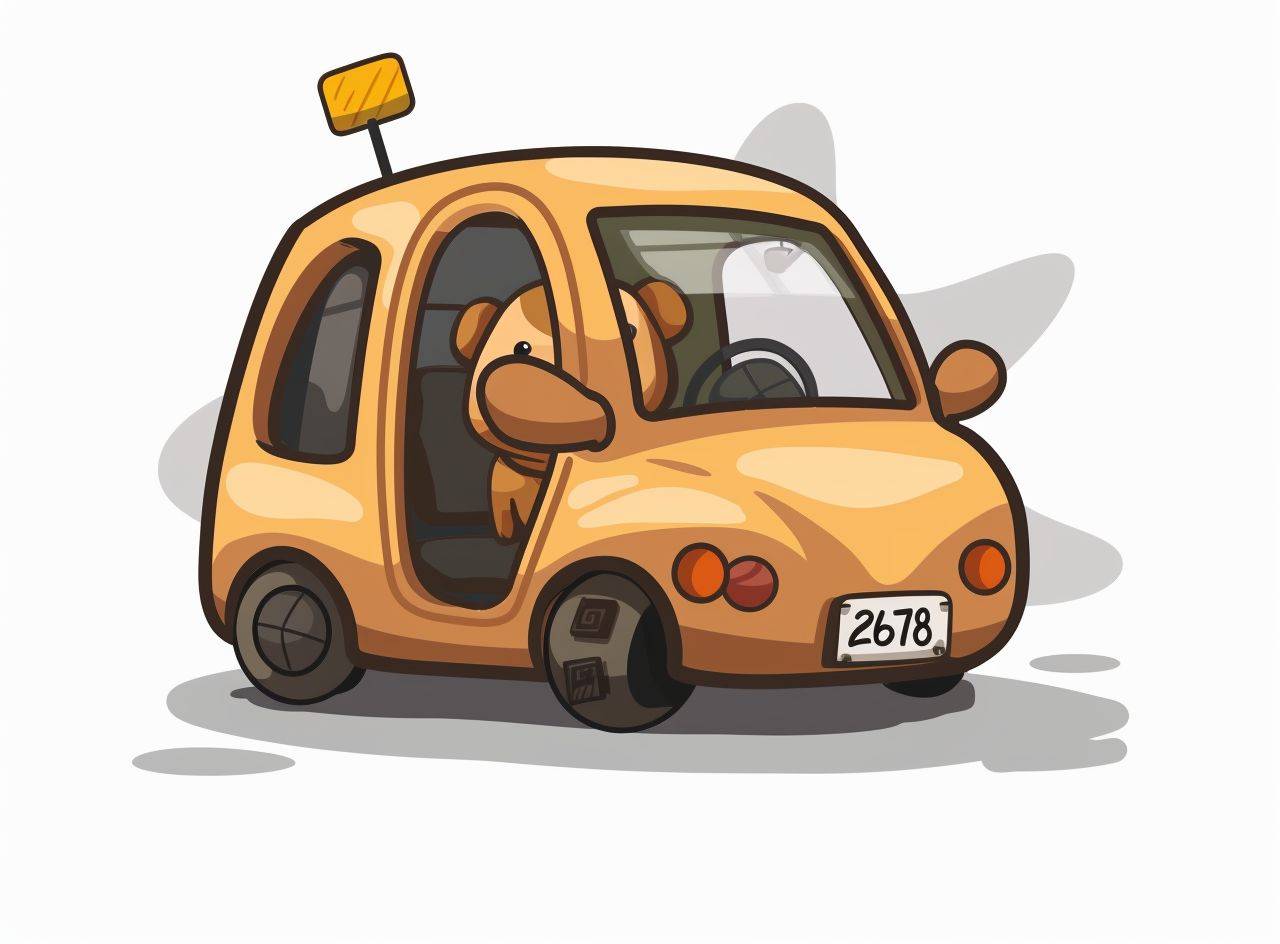 ナンバープレートが「2678」の褐色の洞窟車両で、車内には人間のようなチョコレートチップ犬が運転しています。カートゥーンベクトルイラストの背景色は白で、シンプルな線、フラットスタイル、可愛らしくてミニマリストです。