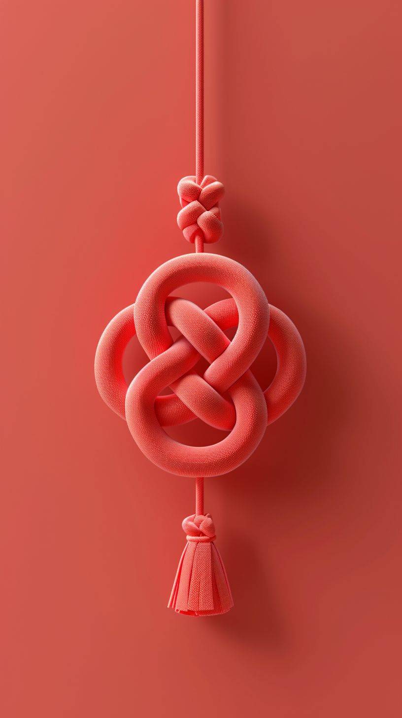 Colorful Chinese knot pendant, minimalist style, simple clean light red background, movie lighting, volume light, soft and advanced colors, Bubble Mart, 3D, C4D, super detail, super precision, festive atmosphere.