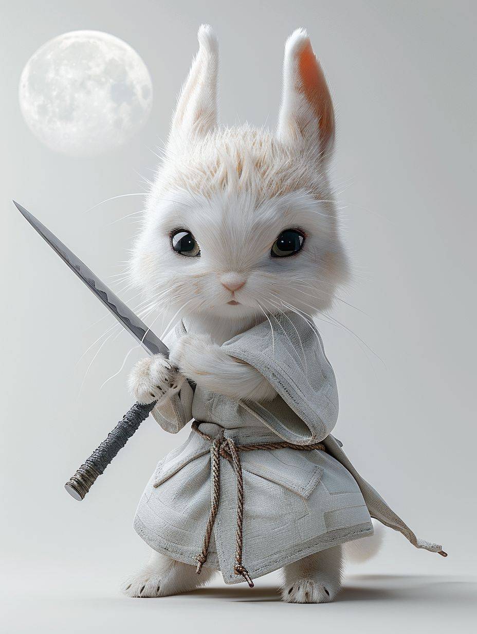 Cute, adorable, fluffy, and slender white bunny. The bunny is a Taoist immortal with a Taoist sword. Funny facial expressions, Taoist gestures and movements. The white background is white with only a moon in the upside, noting else in the background. 3D figures, elongated shapes, cartoon style, minimalist.