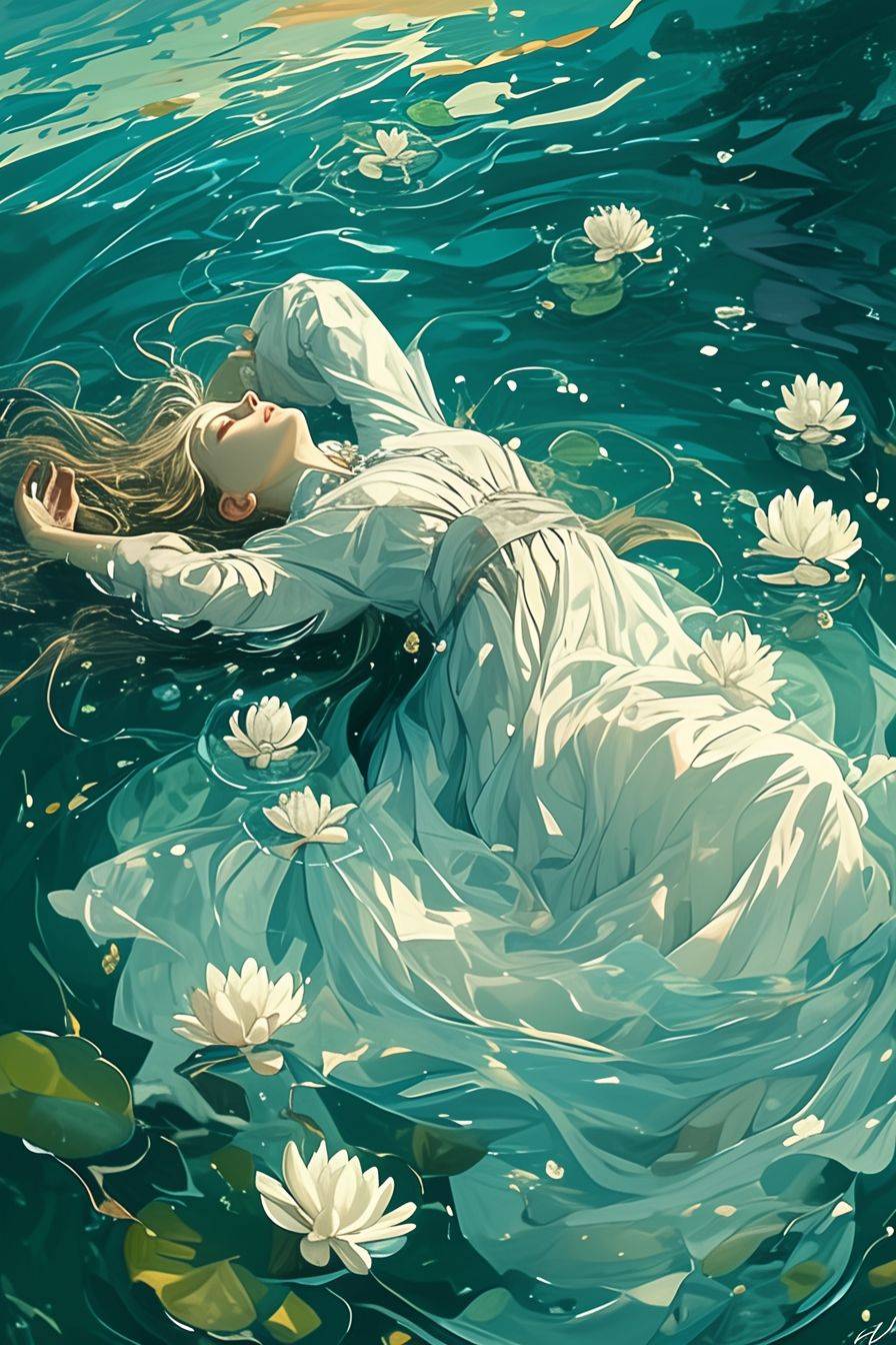 Ophelia sinking in the water among water lilies, in the style of ethereal illustrations, flowing surrealism, calm waters, fluid and flowing lines, futuristic organic, art nouveau curves, sky-blue and green, naturalistic ocean waves