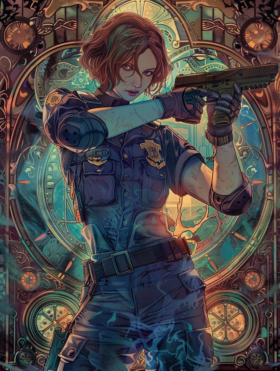 In the style of Alphonse Mucha's art nouveau poster illustration, an enigmatic Jill Valentine from Resident Evil, with a determined stance, wearing her S.T.A.R.S. uniform made of bravery and resilience, holding a handgun and surrounded by viral strain patterns. The illustration also features intricate stained glass details. The background has an ethereal glow and ornate patterns representing the biohazardous world she fights against.