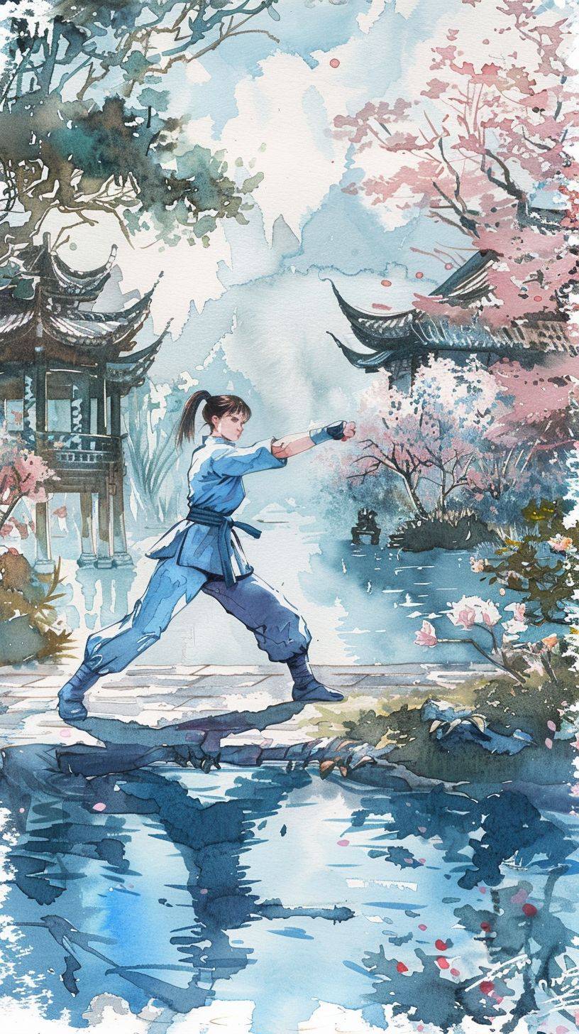 Chun-Li from Street Fighter, performing a gentle martial arts pose, standing by the side of a serene pond in a Japanese garden. Watercolor and ink wash style, detailed illustration, vintage postcard, sapphire blue and cherry blossom pink color palette --ar 9:16