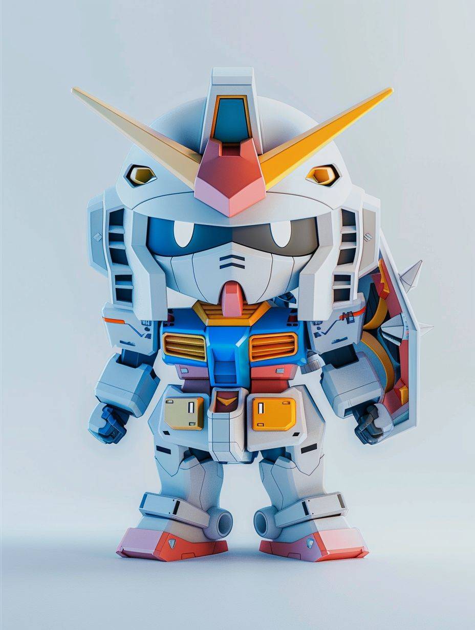 A cute chibi Gundam toy made of plastic material, white background, C4D rendering, kawaii, cute expression design, bright colors, soft lighting effects, a 3D icon clay, blender