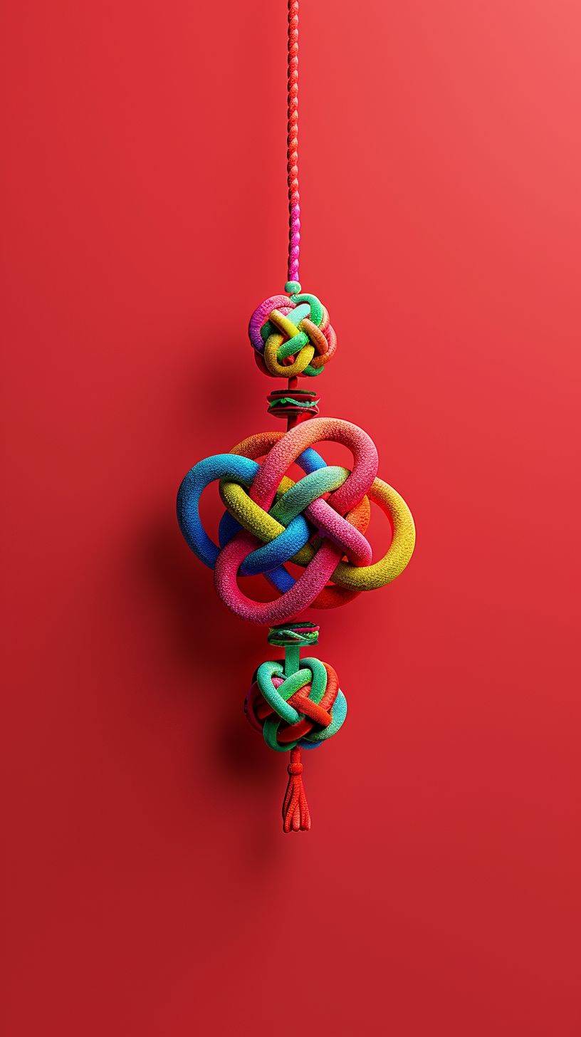 Colorful Chinese knot pendant, minimalist style, simple clean light red background, movie lighting, volume light, soft and advanced colors, Bubble Mart, 3D, C4D, super detail, super precision, festive atmosphere.