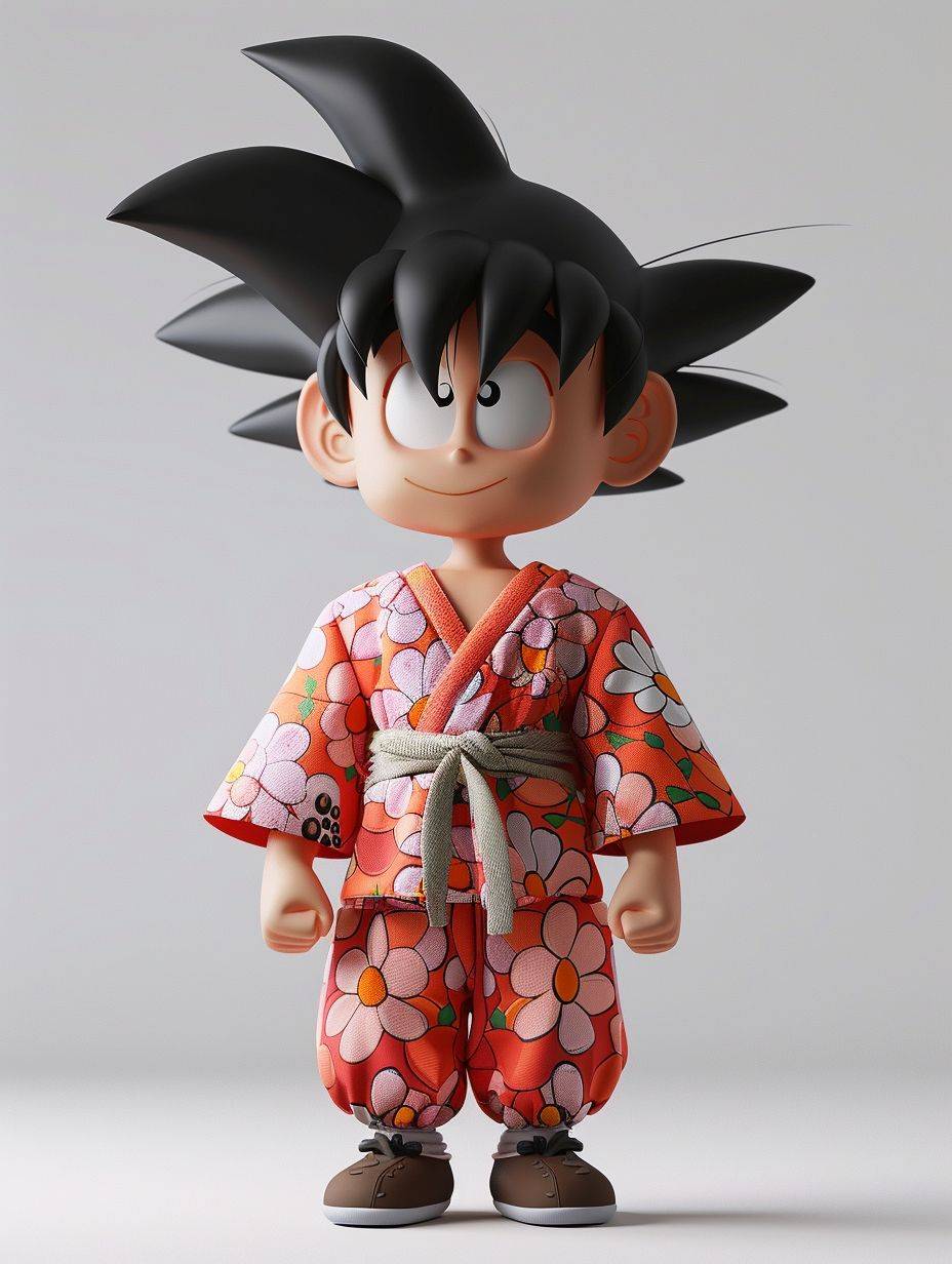 Son Goku in Dragon Ball, full body, produced in Popmart blindbox style, wearing a flower jacket, clear eyes, chibi, minimalist color field, clean background, C4D, blender, 8k resolution, symmetrical grid, plaster, realistic details