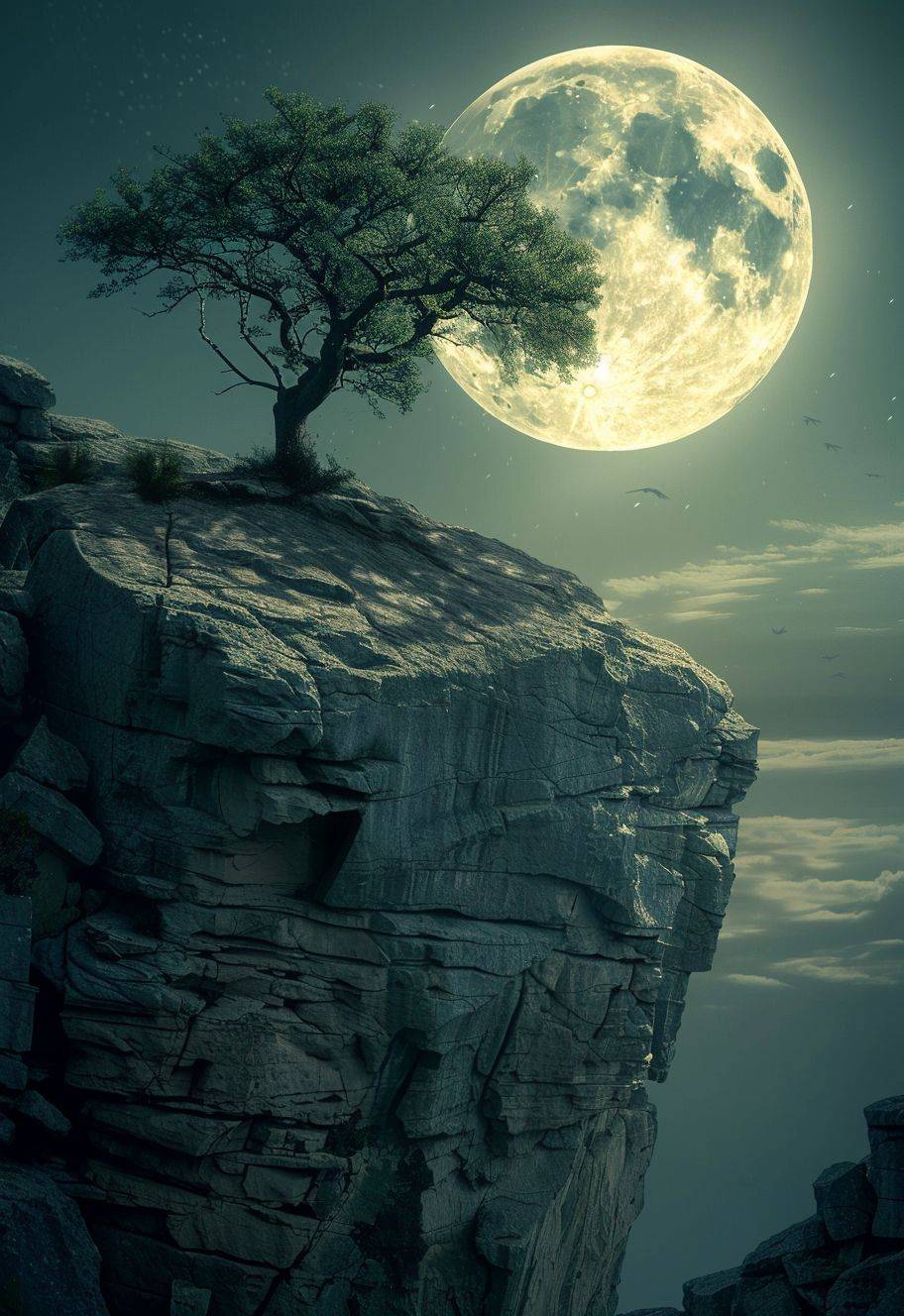 Full moon, tree on the edge of cliff, fantasy, ultra realistic photo in the style of photorealistic --ar 11:16