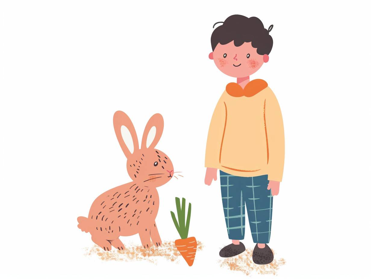 A cute boy stands next to a rabbit eating a carrot, in a Milton Avery style from the 1960s, with flat shapes, against a plain white background.