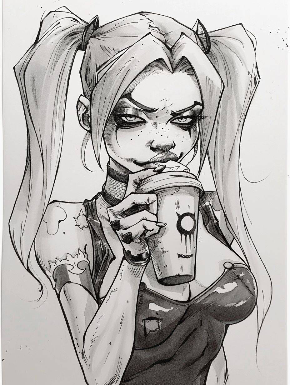 Harley Quinn with a grumpy expression sipping decaf coffee, a simple ink drawing in the style of a cartoon, on a white background with high contrast