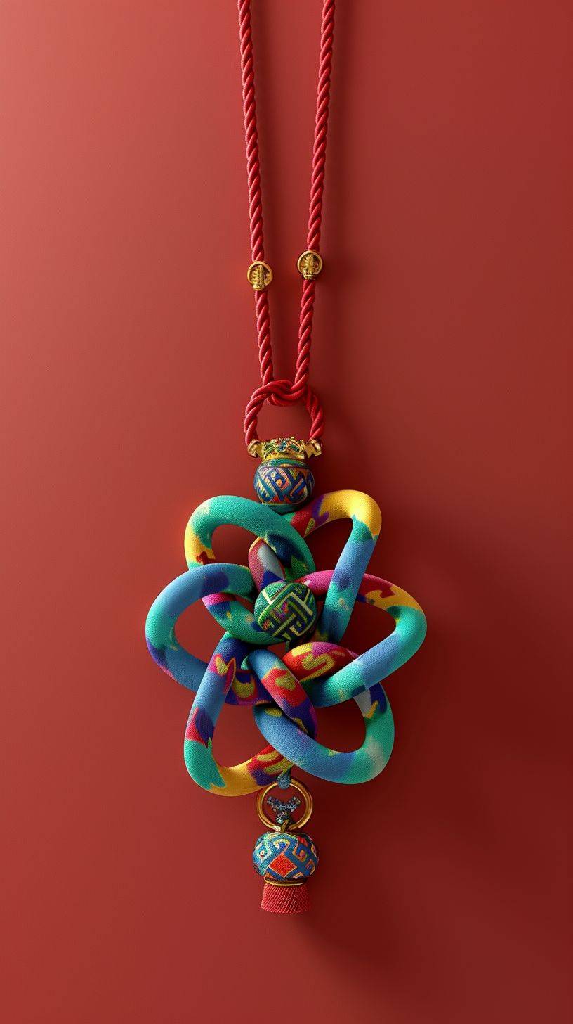 Colorful Chinese knot pendant, minimalist style, simple clean light red background, movie lighting, volume light, soft and advanced colors, Bubble Mart, 3D, C4D, super detail, super precision, festive atmosphere.