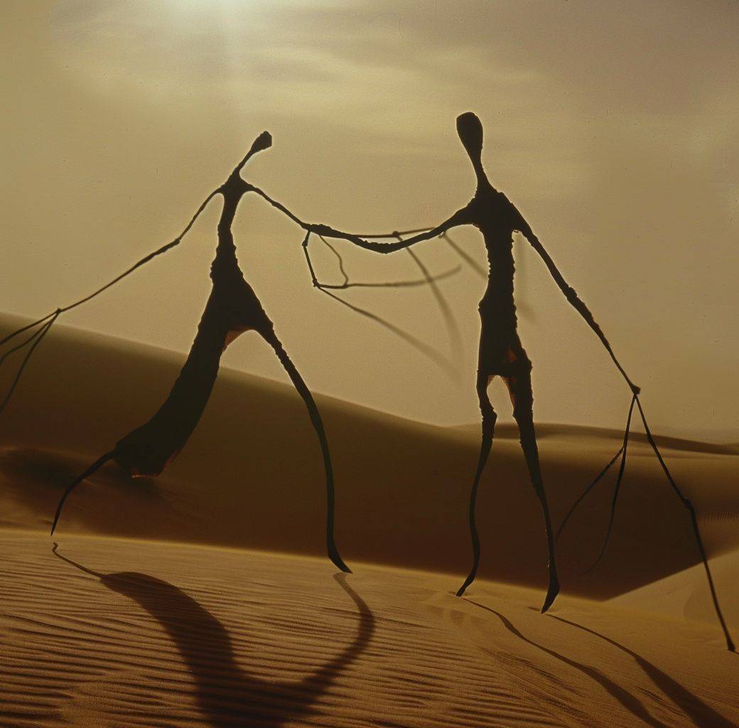 An image that shows two sticks and two people, in the style of surrealist imagery fusion, graceful figures, VHS, American tonalist, trompe-l'œil illusionistic detail, comical choreography, and desertwave.