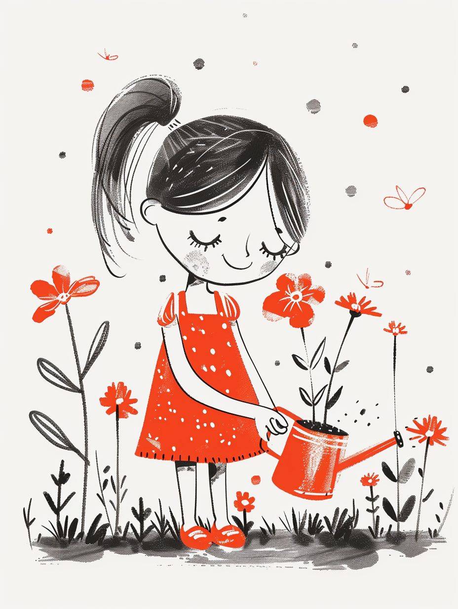 Gemma Correllによる、赤いドレスを着た5歳の少女が花の鉢に水をやる姿。シンプルな線で描かれ、白黒の背景。 