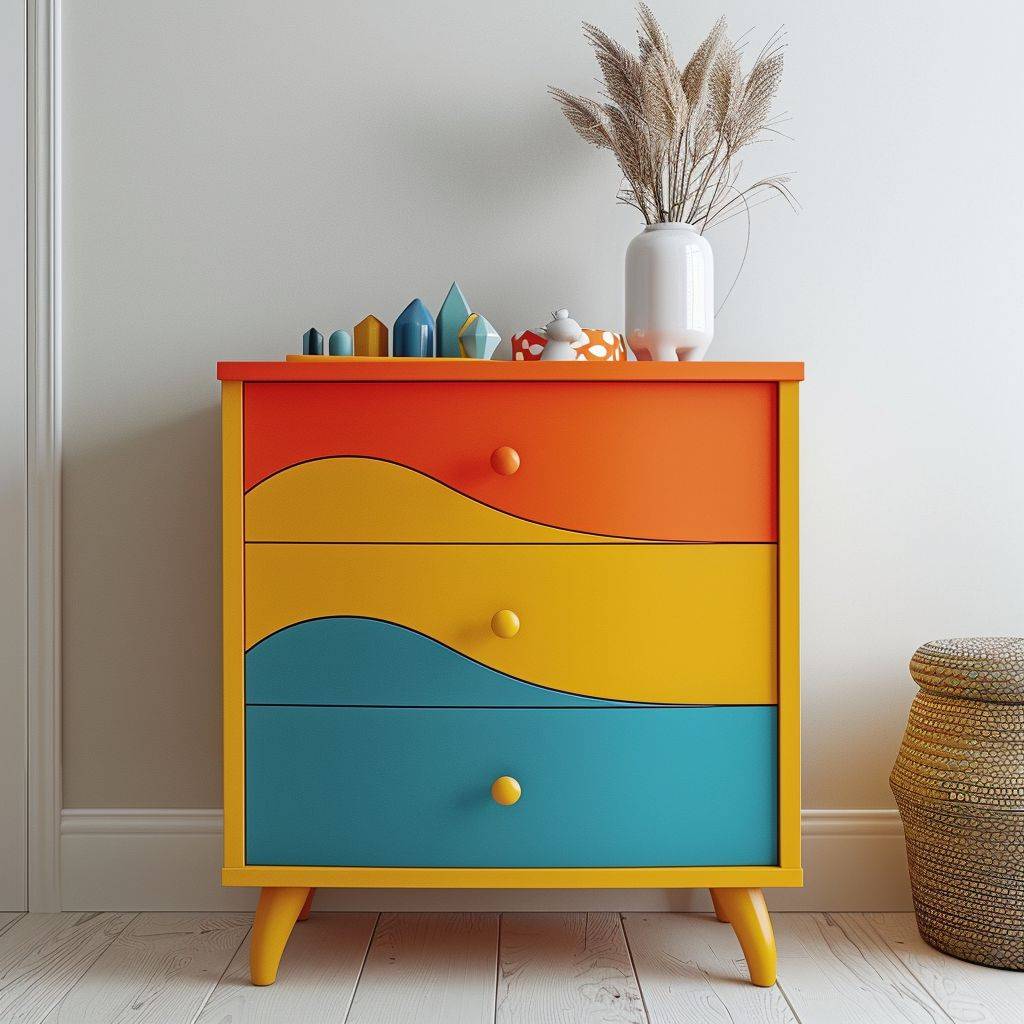 Front view dresser, close up on white wall, children's nursery, vibrant colors, modern, white wall, photorealistic