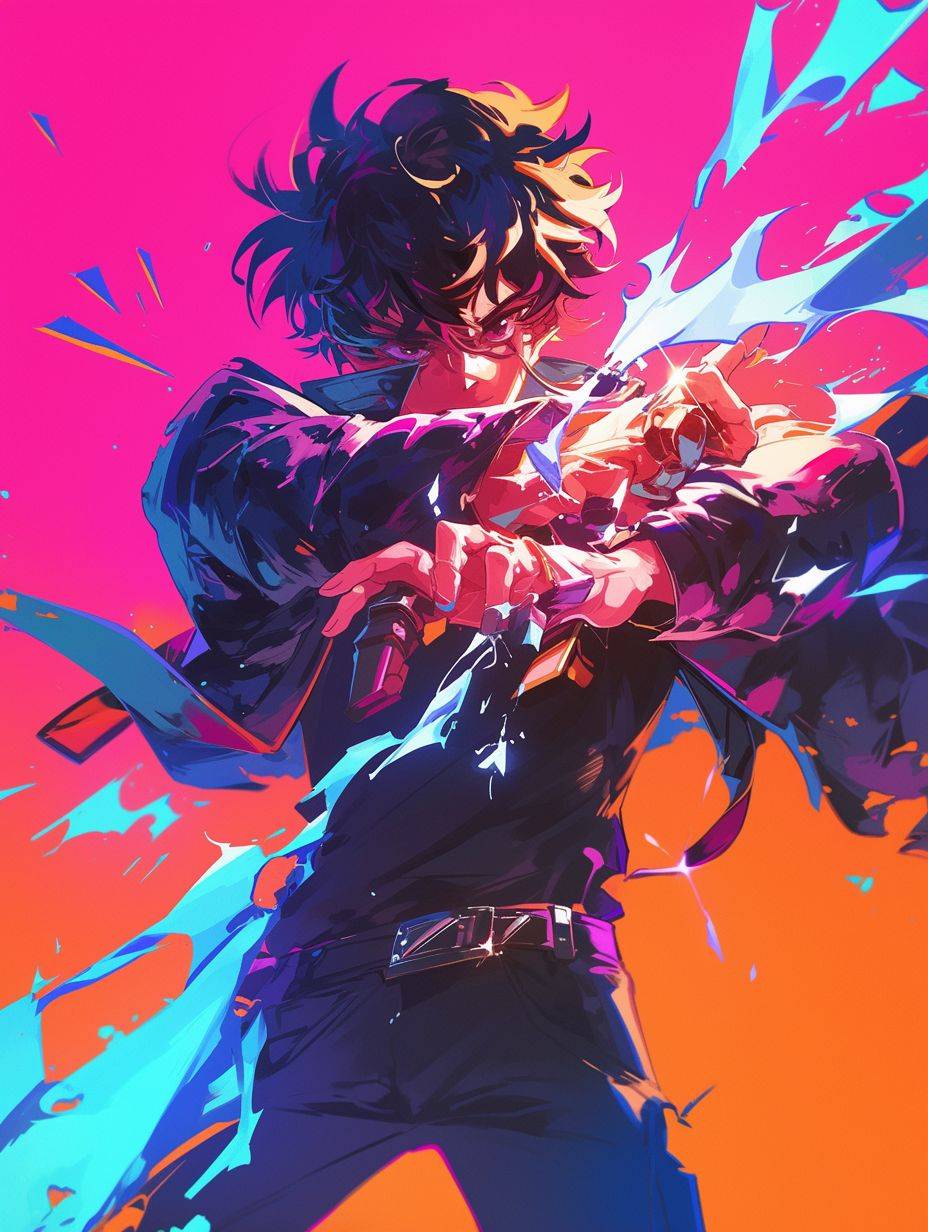 Your character, in his iconic stance, surrounded by a calm yet powerful aura, in classic anime style, digital art style with vibrant colors, high definition details, powerful stance.