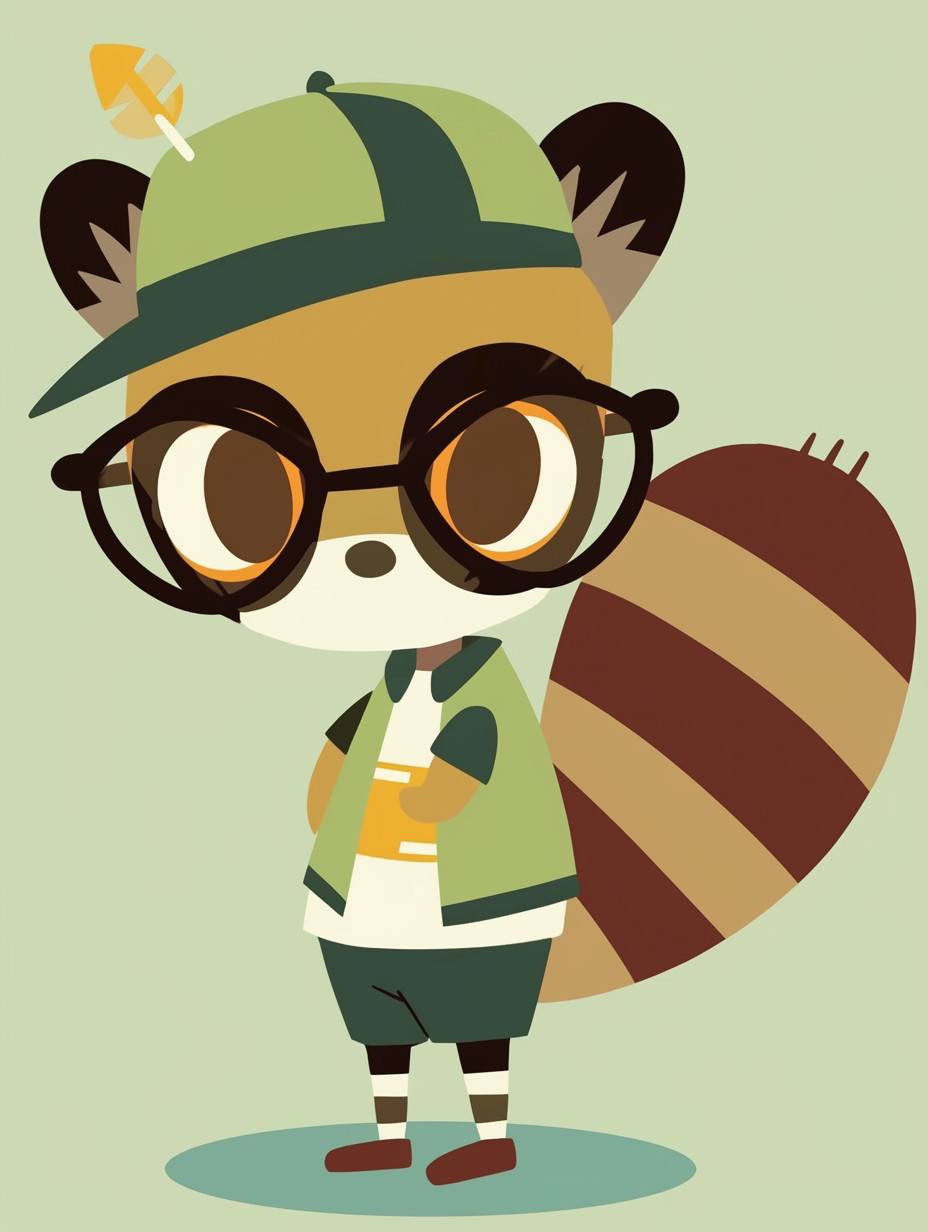 cute anthropomorphic [choose your animal] wearing fashion glasses, a hat and sports outfit, in the style of childish illustration, simple shapes, children's book, minimalism with simple details on a light green background using bright colors