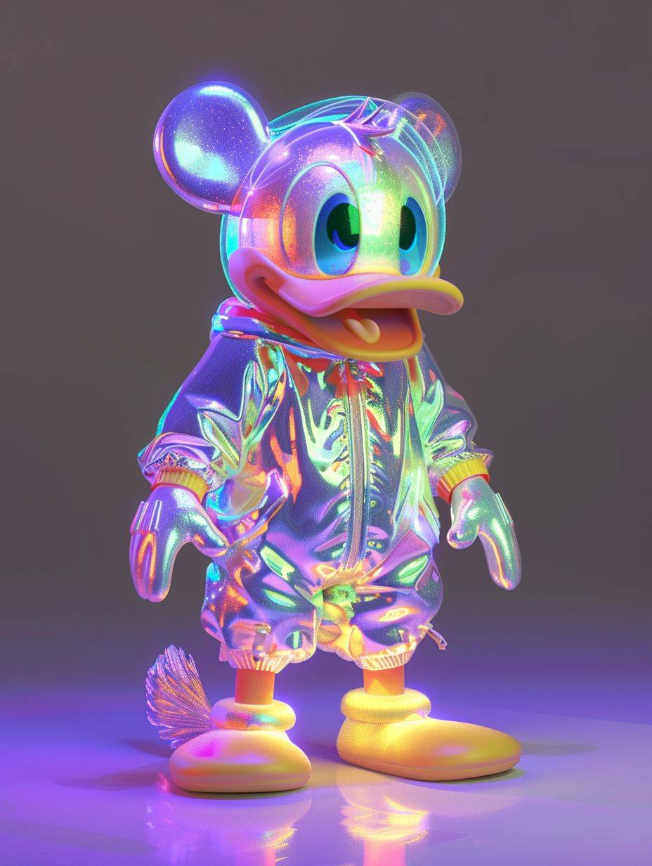 Full body, super cute Donald Duck, fluorescent translucent holographic pajamas, blind box, pop mart design, exaggerated expressions, fluorescent, holographic, diamond luster, metallic texture, fluorescent, holographic, giant cat behind the girl, strong light, clay material, precision mechanical parts, close-up intensity, 3D, super detailed, C4D, octane render, Blender, 8K, HD