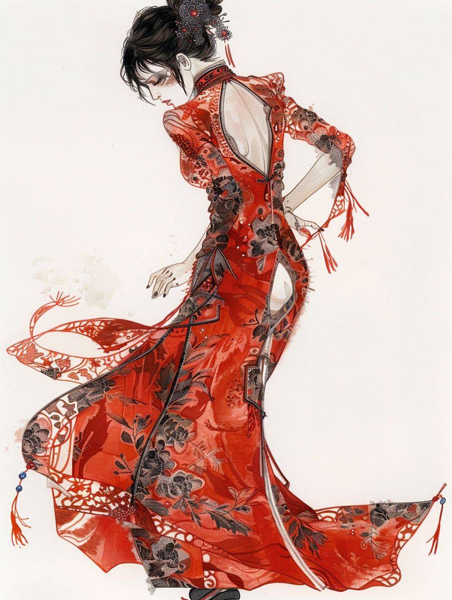 a female Magus wearing a slit cheongsam, color pencil, vintage aquarelle, collage, dabbed brushstrokes, dark outlines, white background, strong visual flow