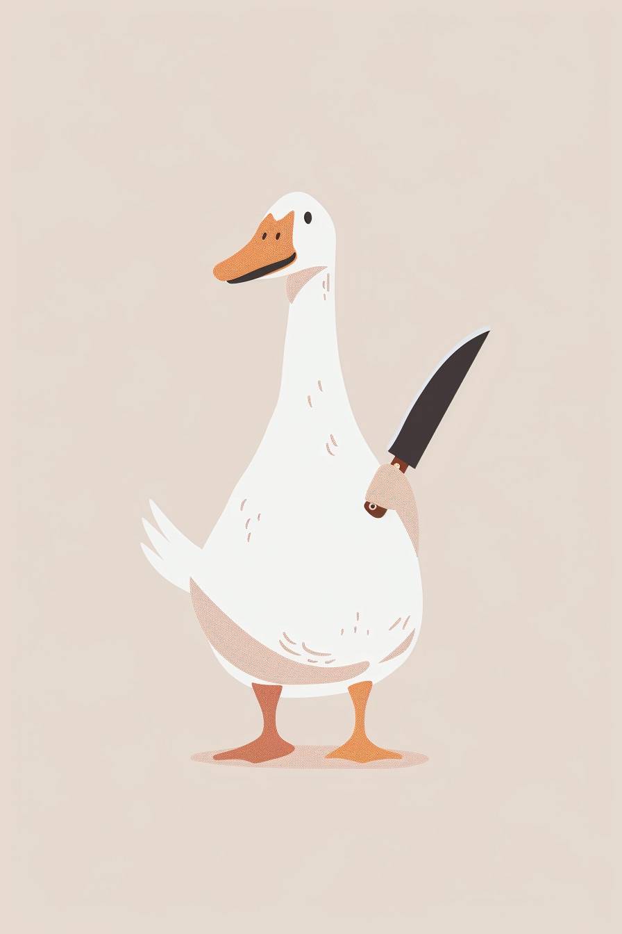 A cute goose that is holding a little knife, naturecore, flat and bold, in the style of boho, light colours, cute illustration