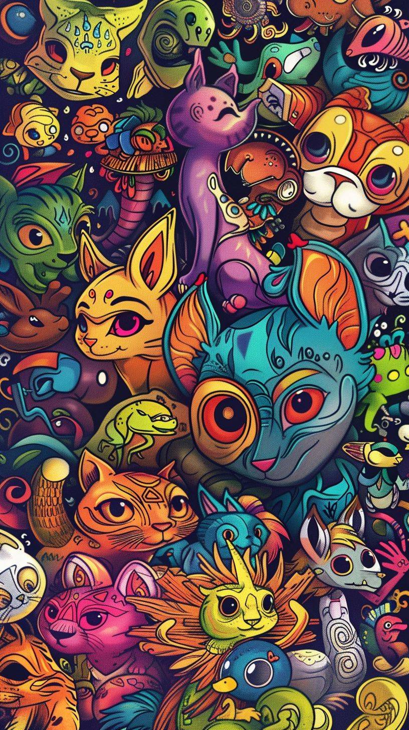 Many animals, mandala style animals, world of mandala style animals, chibi style, full color, cartoon style, lots of details, full color background, full color style, clean lines, full color.