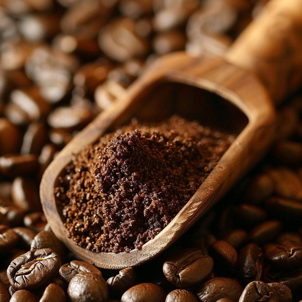 コーヒー豆の山の上に、木製のスプーンでいっぱいの挽いたコーヒーがあります。滑らかな挽いたコーヒーと艶やかな豆との質感の違いに焦点が当てられています。この光景はコーヒーが淹れる準備が整っており、豆の豊富さが強調されています。