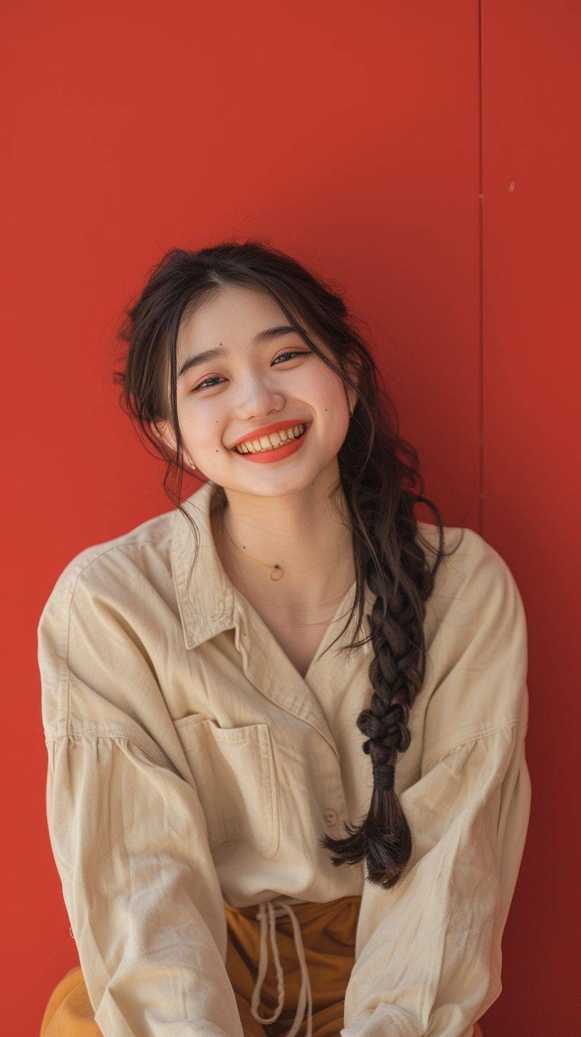 A 20-year-old Asian woman with black hair, Fried Dough Twists braid, smiling, plain, healthy, lively and youthful, beige daily life clothes, red background, half body, model, various postures, and gestures --ar 9:16