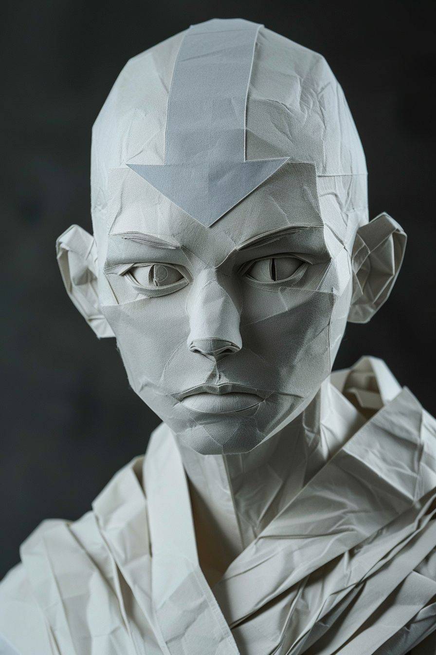Paper sculpture of Aang from Avatar: The Last Airbender, photorealistic