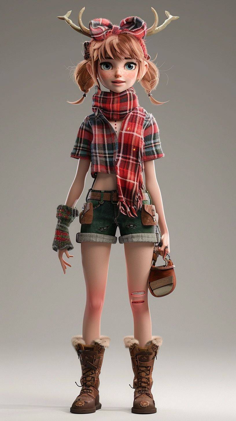 3D rendering, full body shot of anime girl with deer antlers and plaid shirt, shorts boots, scarf, character design in the style of Kienan Lafferty, Pixar style