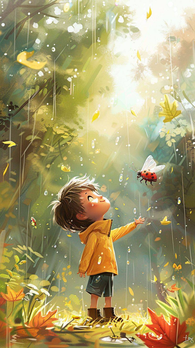 A cartoon of a little boy catching bugs, ladybugs, butterflies, playing, being happy, in the rain, with leaves, chibi style, in a bright spring atmosphere, super wide angle, full body