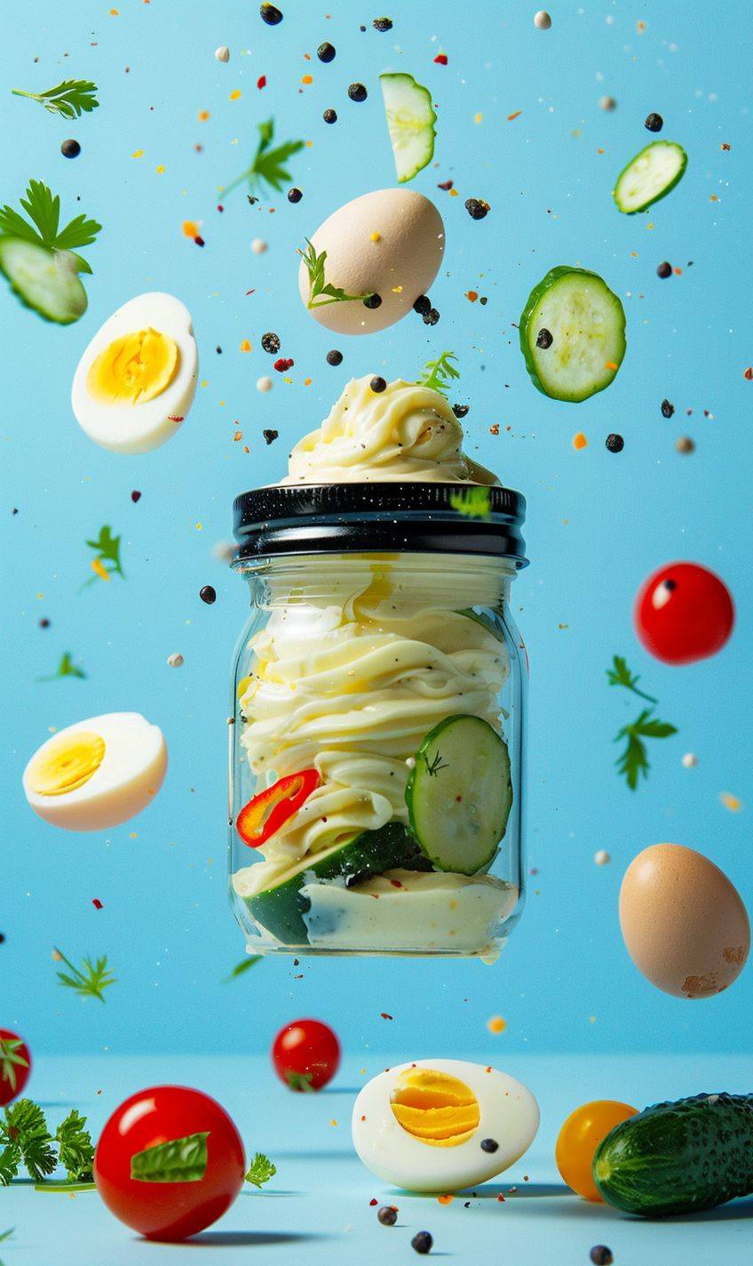 Large glass jar with mayonnaise with a black lid in flight. blue background. Eggs and vegetables are flying around. Realistic photo. Soft light. Studio light.