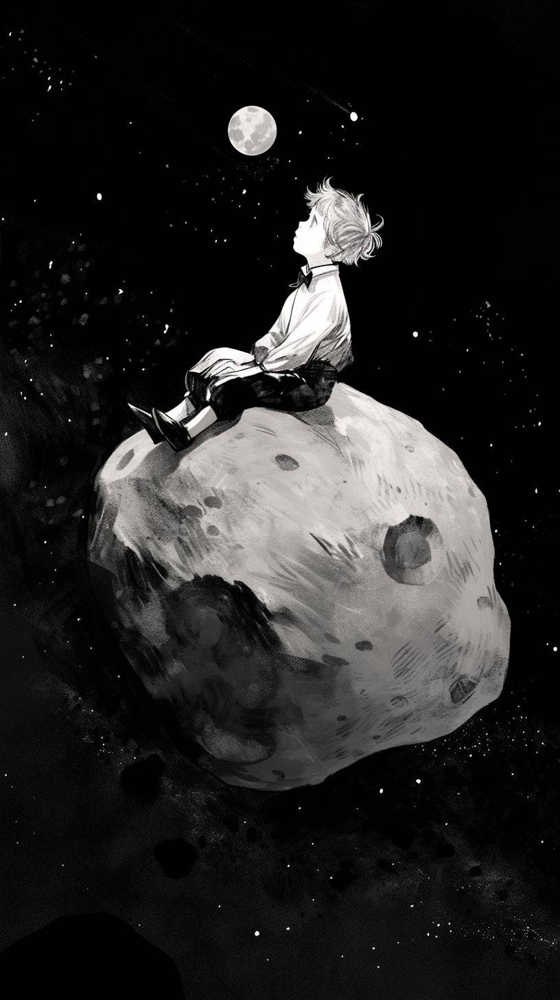 The Little Prince on an asteroid, in the style of Chris Riddell, intense gaze, stark black and white, sensitive characterization, whimsical form, lit kid, blink-and-you-miss-it detail --Aspect Ratio 9:16 --Color Quantity 6 --Style: Raw