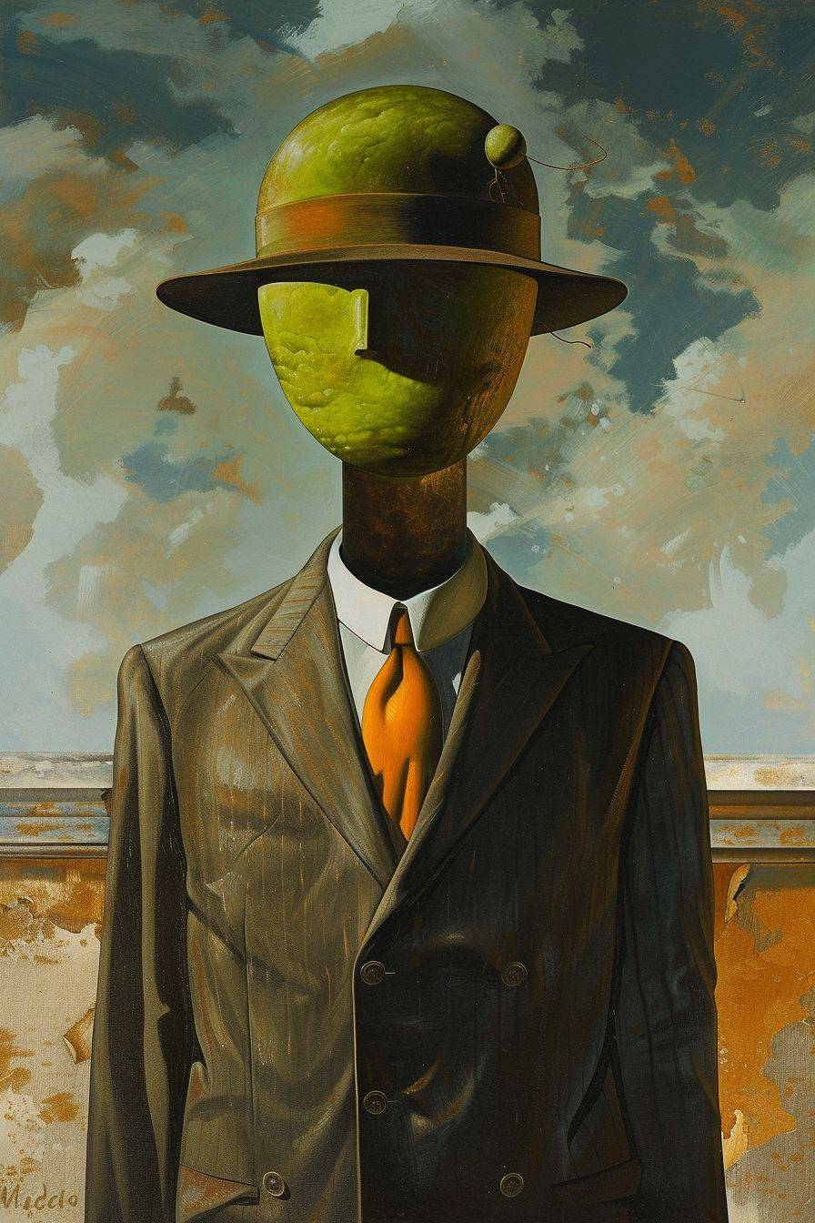 A painting in the style of applecore, graceful surrealism, dan mcpharlin, david normal, iconic works of art history, óscar domínguez, featuring a man in a suit and hat with green hair and distinctive noses