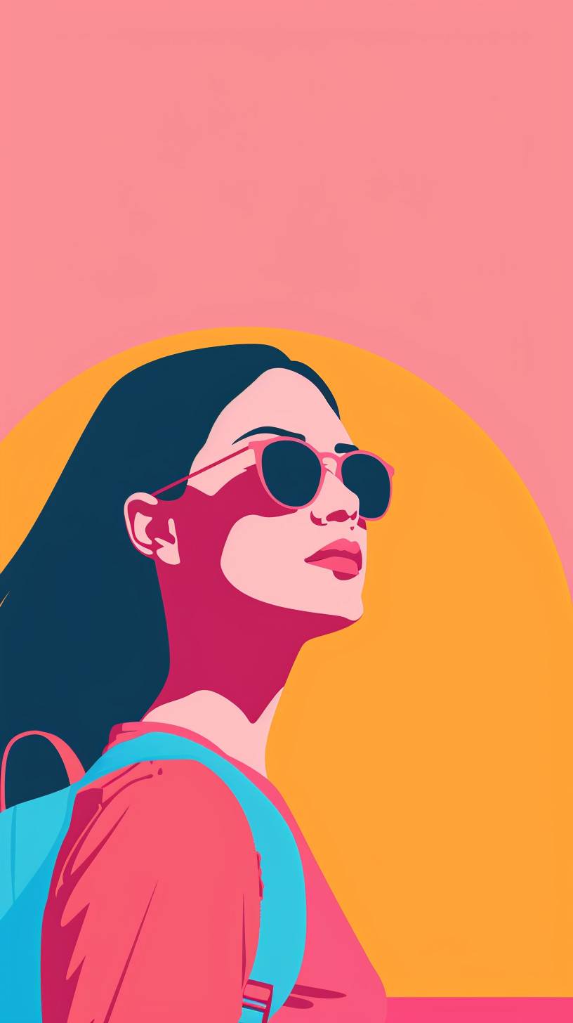 Minimalist vector illustration by Malika Favre advertises solo women travel in modern pop art style, flat color, flat background, vector, contourless, isolated, 4k