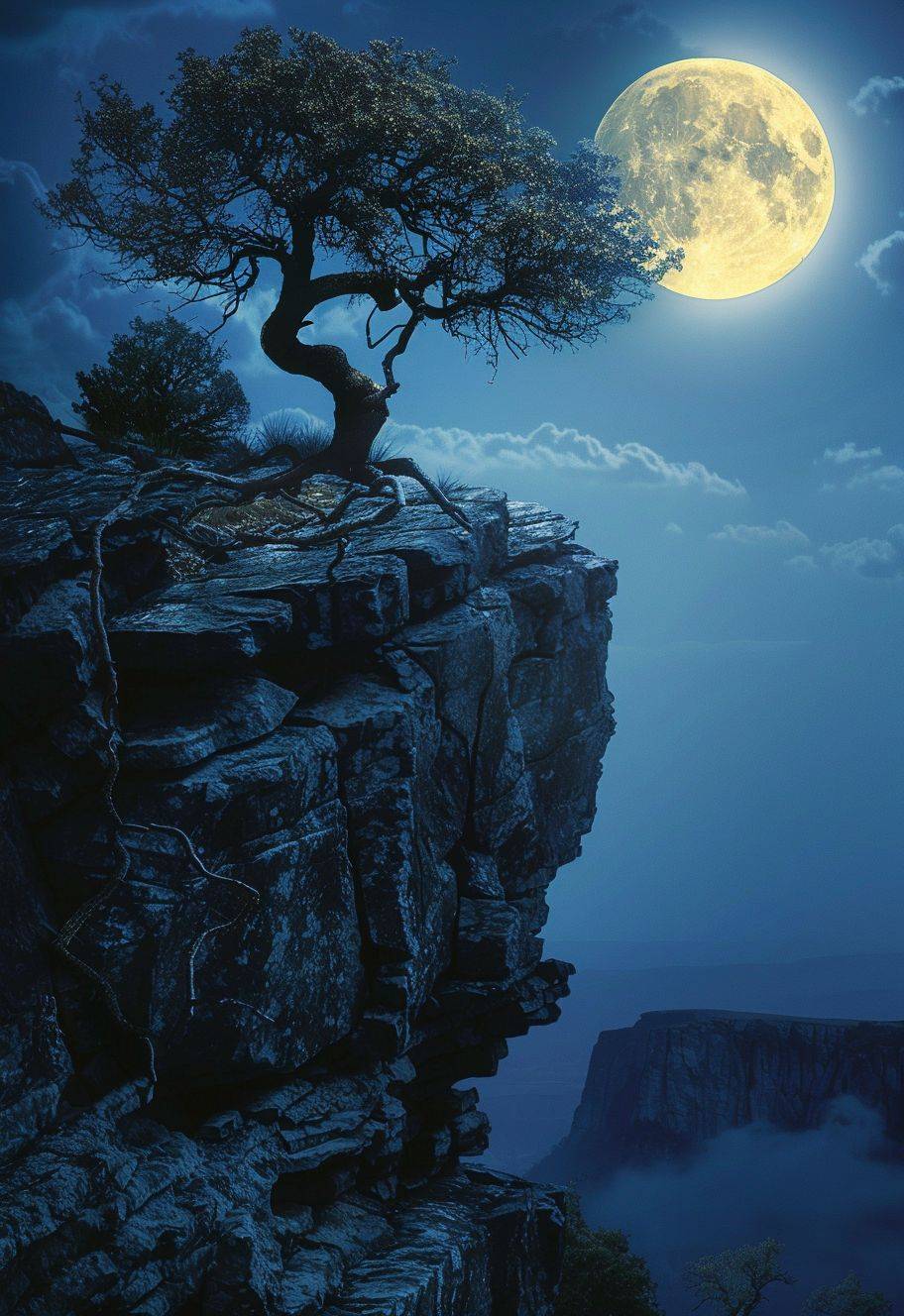 Full moon, tree on the edge of cliff, fantasy, ultra realistic photo in the style of photorealistic --ar 11:16