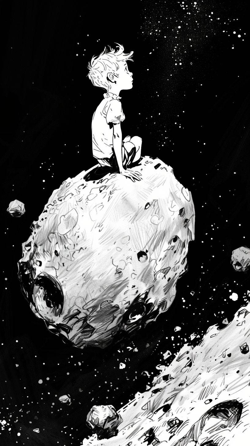 The Little Prince on an asteroid, in the style of Chris Riddell, intense gaze, stark black and white, sensitive characterization, whimsical form, lit kid, blink-and-you-miss-it detail --Aspect Ratio 9:16 --Color Quantity 6 --Style: Raw