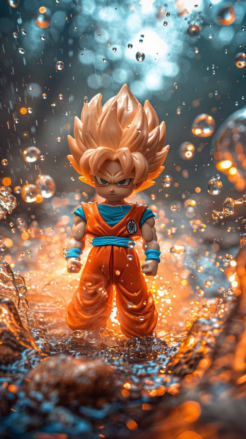 Photography of Mini Figures in exaggerated actions like Son Goku, exploring in a seasonal fashion photography style with frequent use of light backgrounds, minimalist style, subersanpatnaik's innovative page design on Unreal Engine 5, soft color blend, the super cool and Akira Toriyama's style found in Dragon Ball, featuring Kakarotto, making wishes, creating waves, ultrawide shots, top views, up views, high angle views, third-person perspective, full-length shots, extreme close-ups, profiles, first-person views, Pop art, colorful color matching, 8K resolution, Ultra HD pictures, picture-perfect captures, emphasizing fine details, street scenery, Steampunk cityscapes, Steampunk, Minimalist, realistic depictions with full details, Etching, and Matte effects