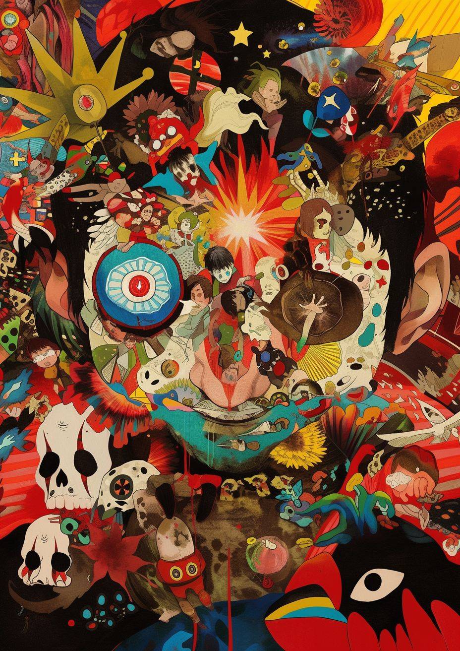 An anime painting featuring a huge head with Studio Ghibli characters, in the style of Grégoire Guillemin, Junji Ito, Hieronymus Bosch—playful yet macabre, a mixed media marvel with colorful biomorphic forms, comic art, Mcdonaldpunk, primary colors, and realistic detail --ar 89:125 --niji 6 --style raw.