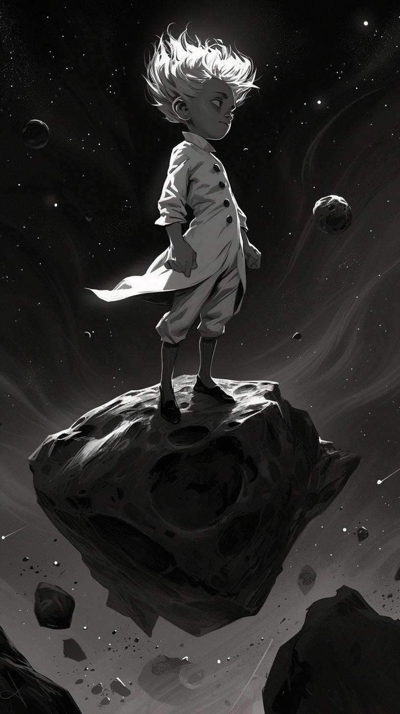 The Little Prince on an asteroid, in the style of Chris Riddell, intense gaze, stark black and white, sensitive characterization, whimsical form, lit kid, blink-and-you-miss-it detail --Aspect Ratio 9:16 --Color Quantity 6 --Style: Raw