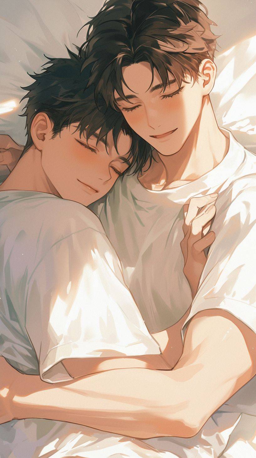 Love relationship between men, two boys, cuddly embrace together, leak out sweet smile, gentle eyes, youthful vitality, 4 arms, 20 fingers, do not appear extra arm fingers, 8k image quality --ar 9:16 --niji 6