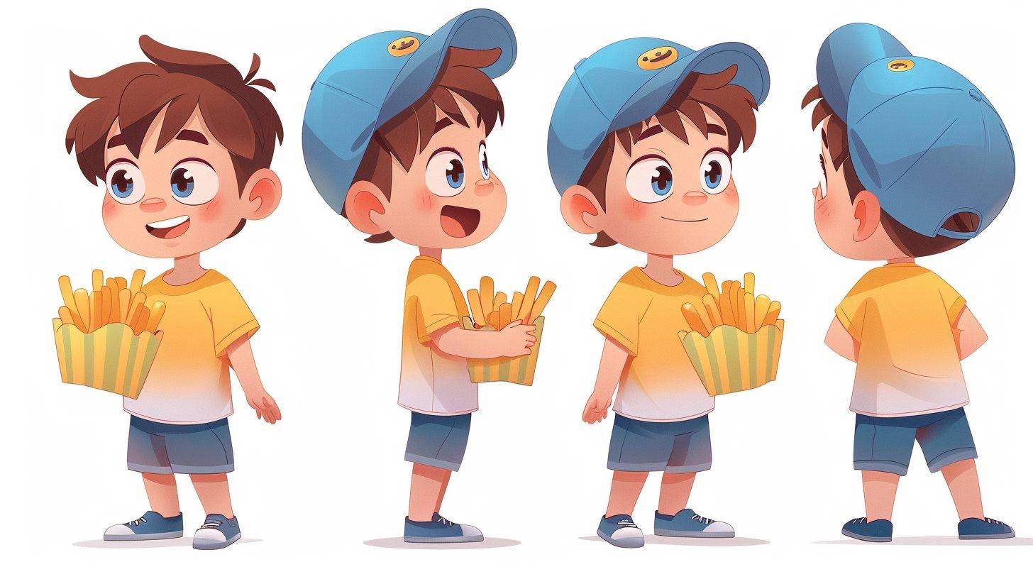 Full body view, three views, front view, left view, rear view, Illustration IP character design, a cute little boy wearing a blue duckbill cap, happy, holding French fries, standing naturally, wearing short sleeved shorts, looking forward, bright and colorful, minimalist vector style, markers with varying thickness, flat, bold lines and solid colors, simple details