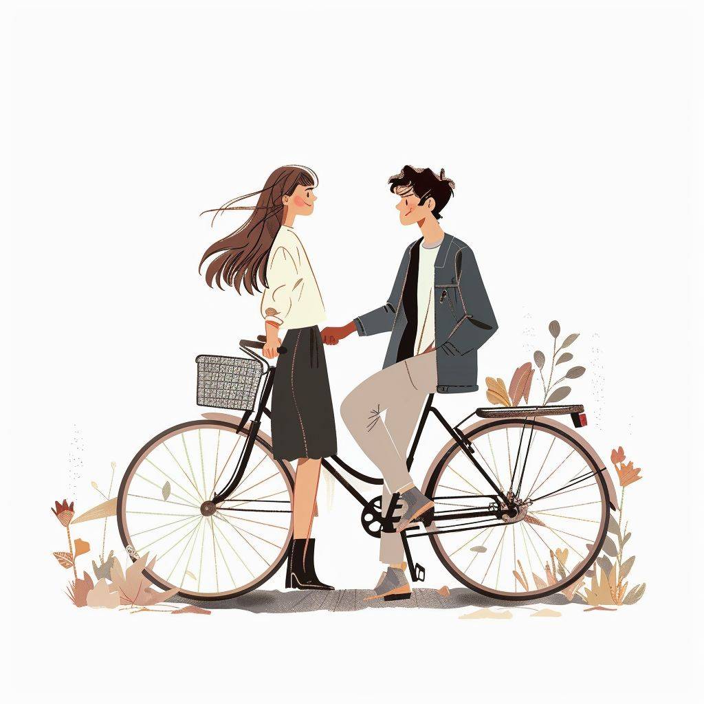 Bicycle, modern couple, outing, the concept of Tomb Sweeping Day in China, cartoon illustration, bright and ultra-clear, animation art, flat and simple, clean white background