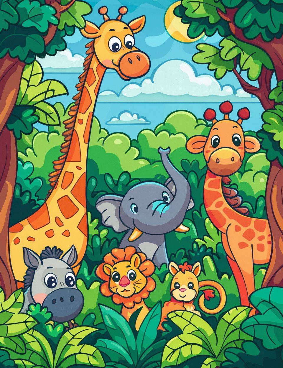 Generate a cartoon-style image of an African bush with happy wild animals, elephant, giraffe, lion, zebra, clean line art, no shading, use vibrant colors.