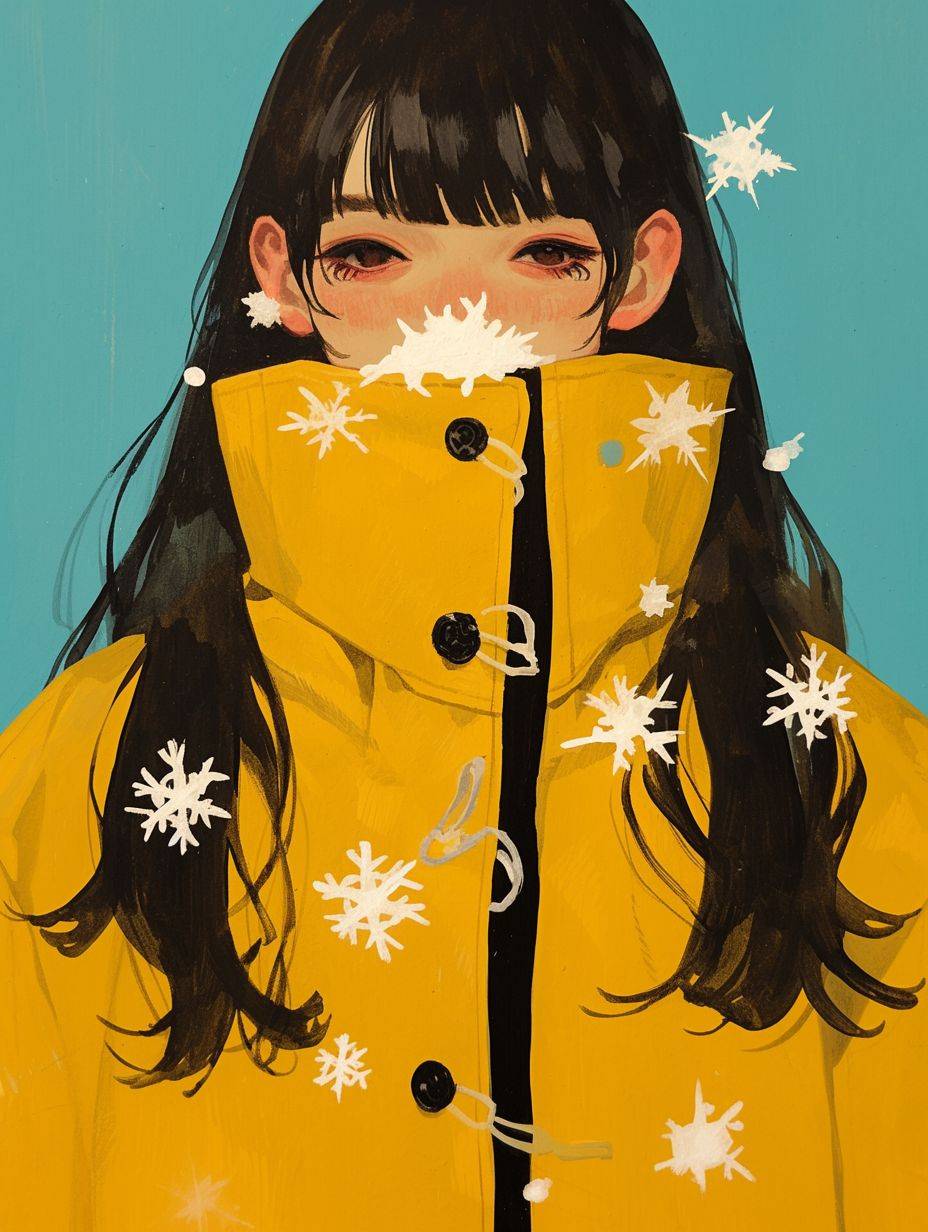 A gouache portrait of a pretty girl with long black hair and fringes, wearing an oversized yellow coat adorned with small printed white lines peeking out from the collar of the jacket. Snowflakes fall on her face, creating an atmosphere full of mystery and intrigue. The drawing style should be whimsical yet detailed, capturing the essence of Japanese illustration art with vibrant colours. It captures the essence of whimsical charm while maintaining emotional depth through subtle details.