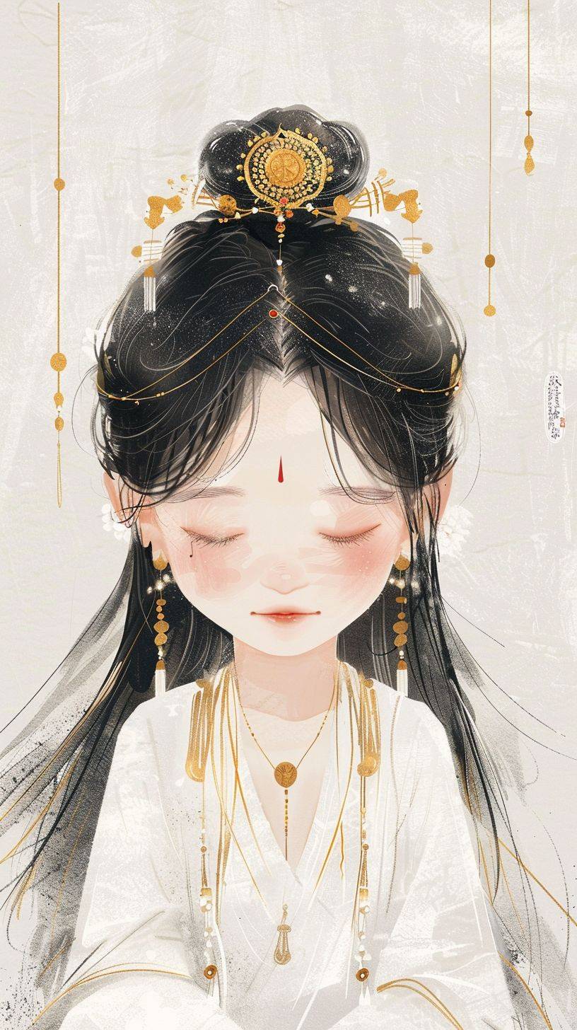 Gongbi painting depicting a 5-year-old black-haired Chinese girl from the Tang Dynasty practicing yoga. She is wearing a white dress and adorned with gold jewelry. With a round face and a minimalist portrait with geometric shapes, the artwork features a white background and a fresh new pop art illustration style. The character is portrayed in a cartoonish manner, with a close-up view of the head, bold lines, and a cartoon print.