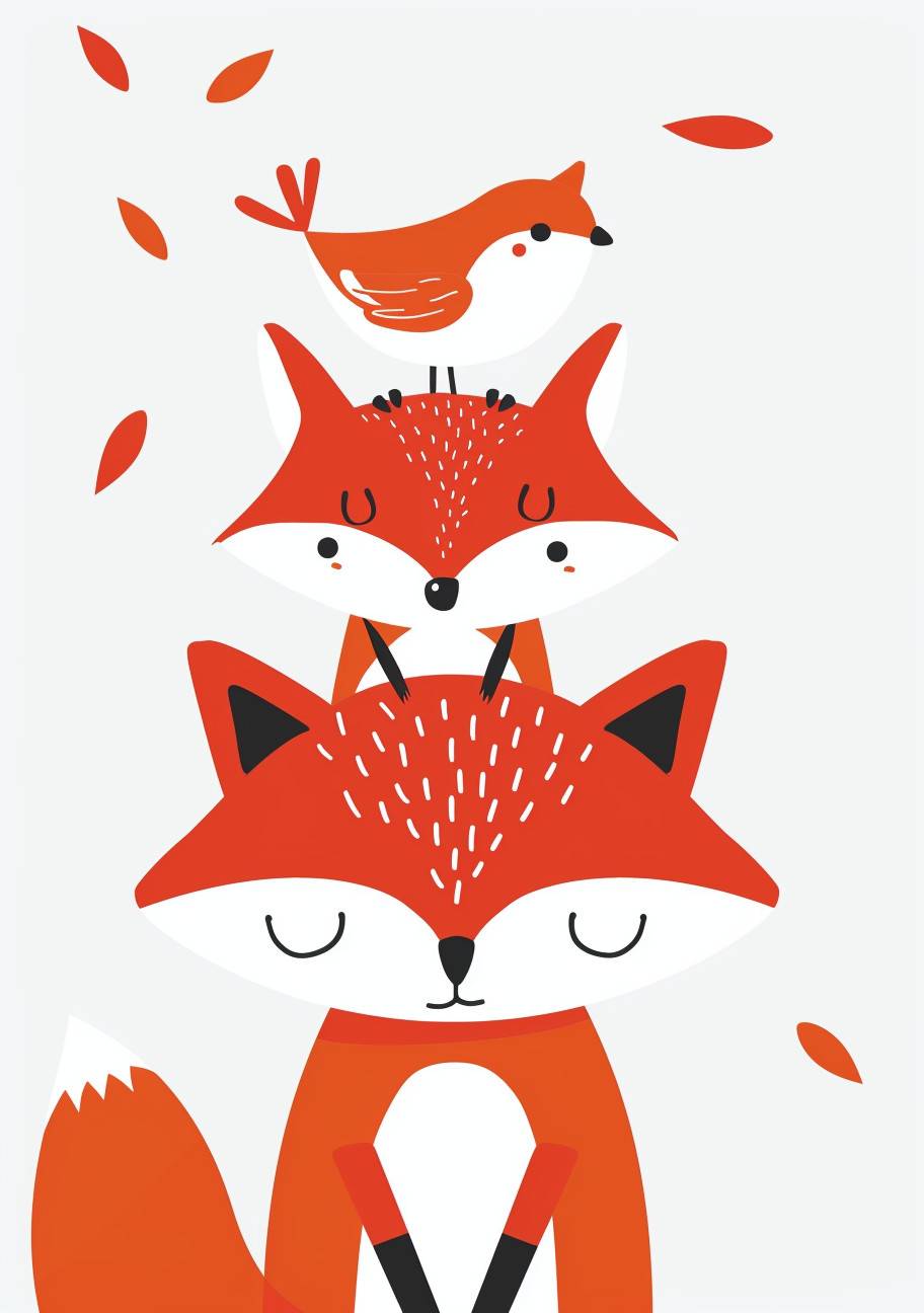 Two different sizes of red foxes depicted in a minimalist style with a bird squatting on their heads, jumping happily. White background, ultrafine details, Morikei, and illustrations.